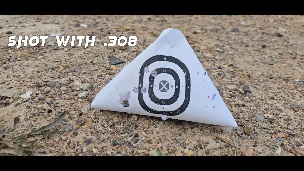 Here is an example of the self-standing paper target that has been shot multiple times with a .308 rifle round. 
