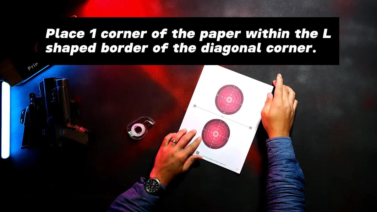 Place 1 corner of the paper within the L shaped border of the diagonal corner.