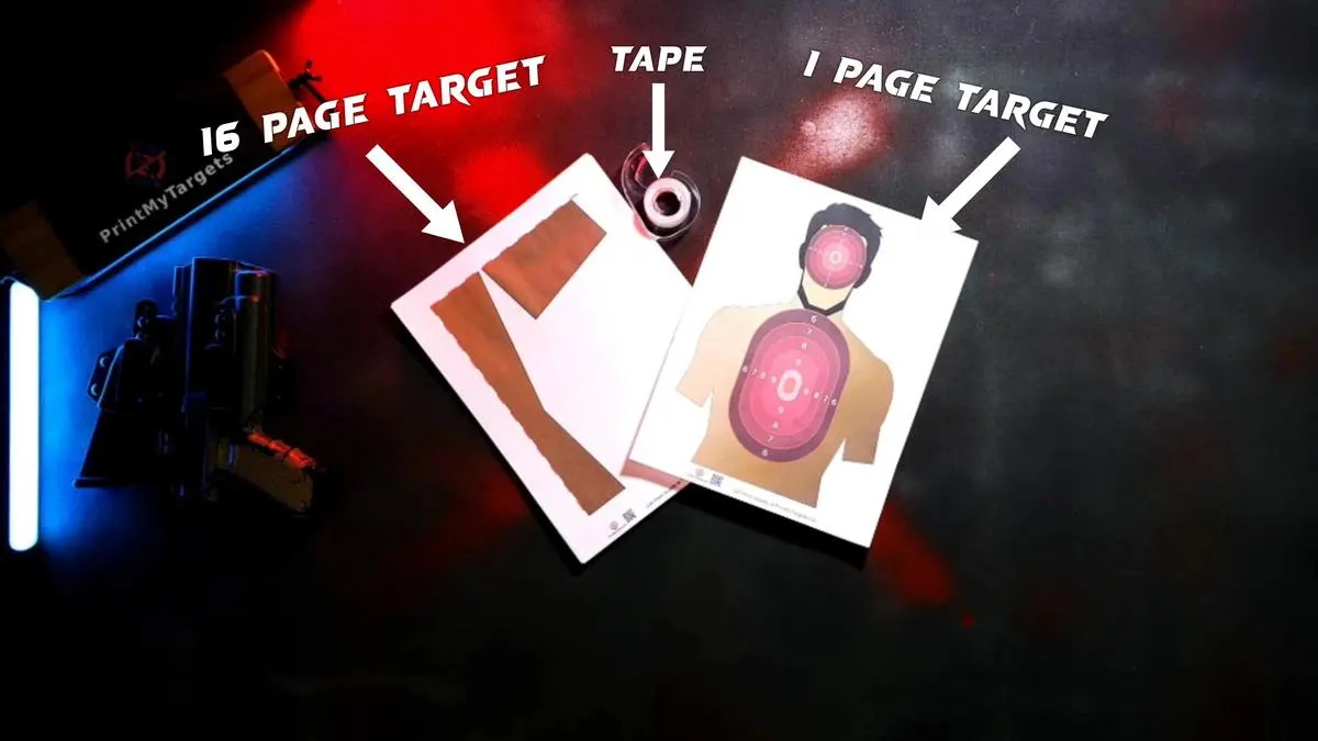 Here you can see the 16 page printed out target before it has been assembled, the tape, and the 1 page example target.