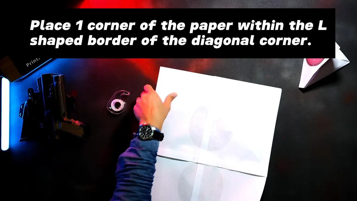 Place 1 corner of the paper within the L shaped border of the diagonal corner.