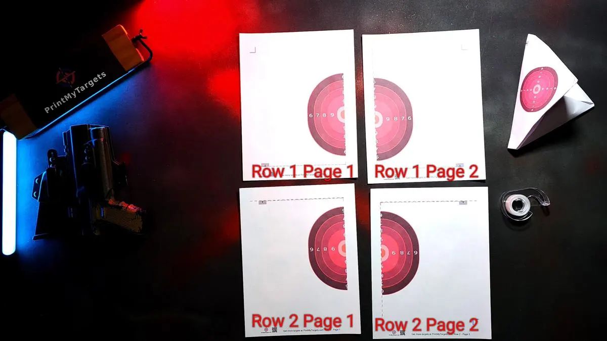Row and page numbers are in the bottom right-hand of each page of the 4 page printable self-standing paper shooting target. 