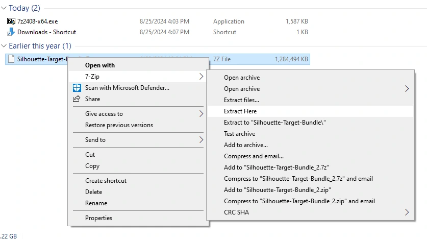Right-click on the downloaded file and hover over the 7-zip option. 