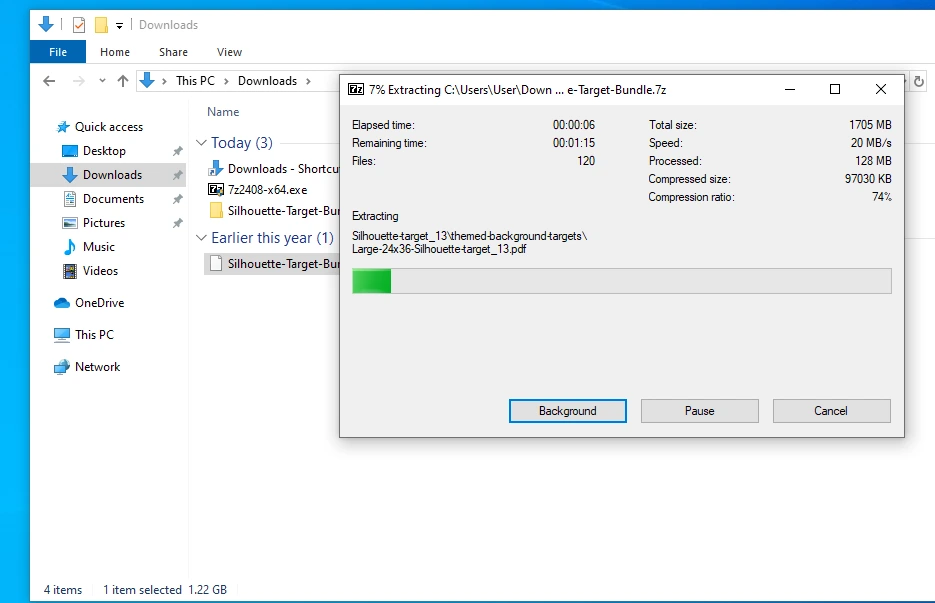 The process to unzip the file could take a few seconds to a few minutes depending on the size of the 7zip file. 